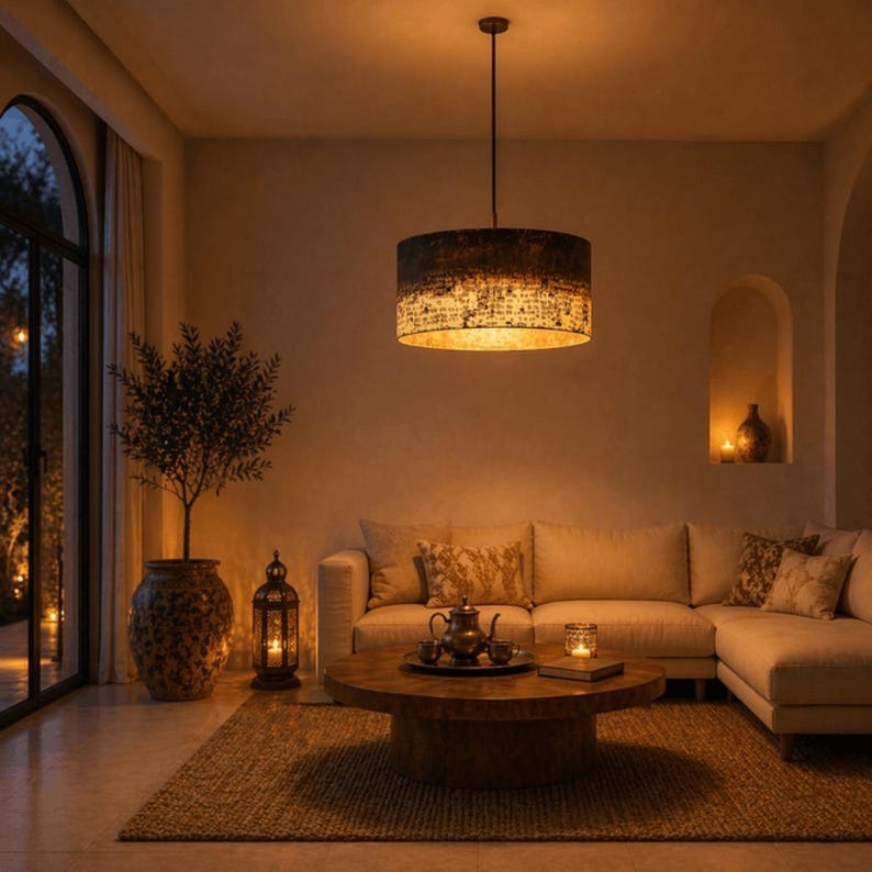 Handmade Moroccan Brass Drum Pendant Light – Large Aged Brass Cylinder Ceiling Lamp, Antique Gold & Black Patina Statement Light for Living Room & Dining Room