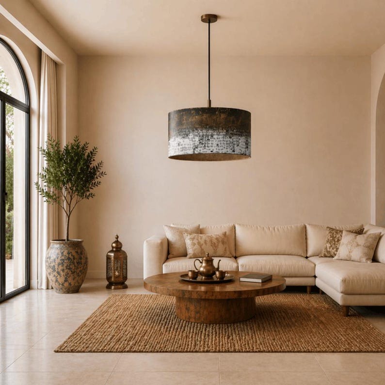 Handmade Moroccan Brass Drum Pendant Light – Large Aged Brass Cylinder Ceiling Lamp, Antique Gold & Black Patina Statement Light for Living Room & Dining Room