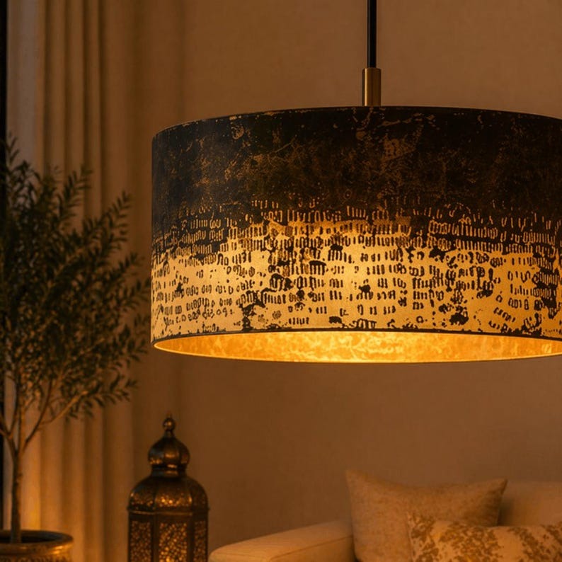 Handmade Moroccan Brass Drum Pendant Light – Large Aged Brass Cylinder Ceiling Lamp, Antique Gold & Black Patina Statement Light for Living Room & Dining Room