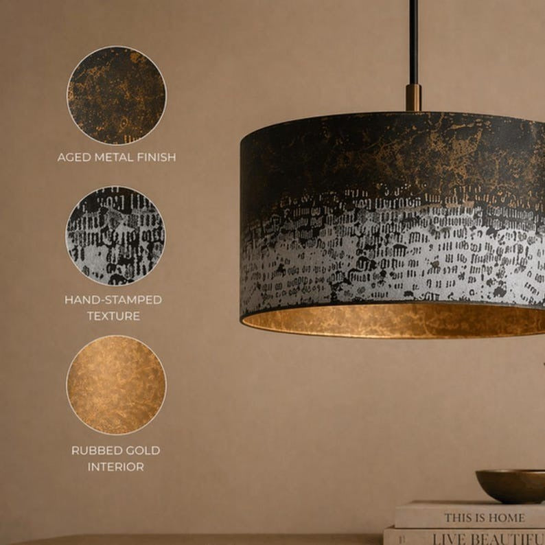 Handmade Moroccan Brass Drum Pendant Light – Large Aged Brass Cylinder Ceiling Lamp, Antique Gold & Black Patina Statement Light for Living Room & Dining Room