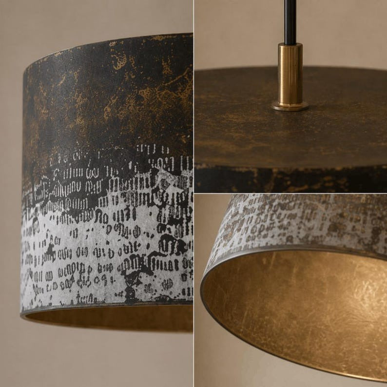 Handmade Moroccan Brass Drum Pendant Light – Large Aged Brass Cylinder Ceiling Lamp, Antique Gold & Black Patina Statement Light for Living Room & Dining Room