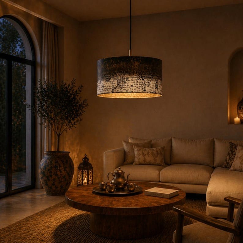 Handmade Moroccan Brass Drum Pendant Light – Large Aged Brass Cylinder Ceiling Lamp, Antique Gold & Black Patina Statement Light for Living Room & Dining Room