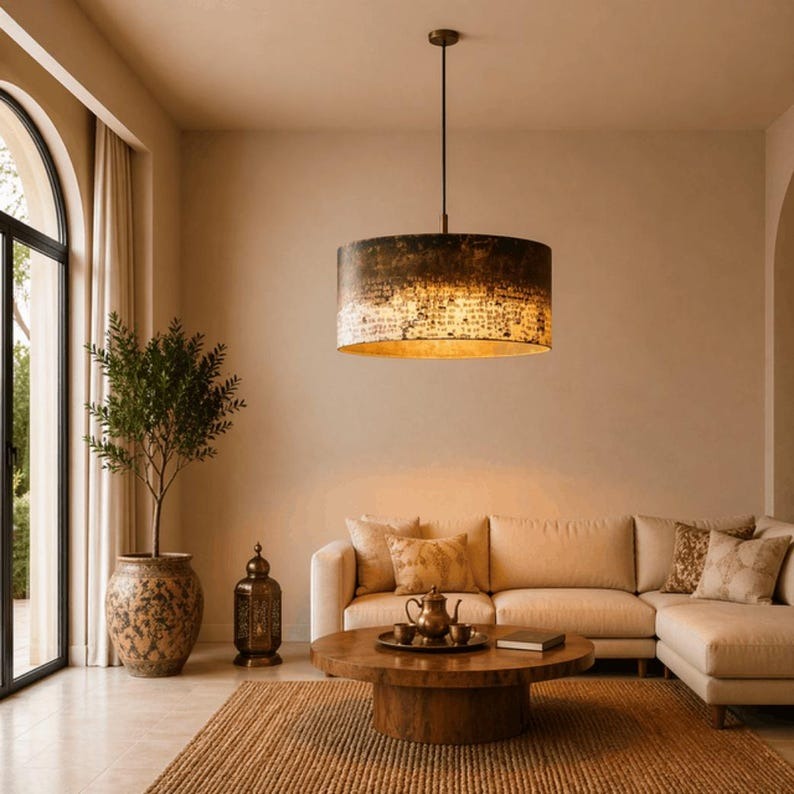 Handmade Moroccan Brass Drum Pendant Light – Large Aged Brass Cylinder Ceiling Lamp, Antique Gold & Black Patina Statement Light for Living Room & Dining Room
