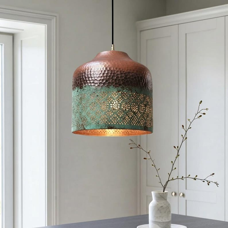 Hammered Brass Pendant Light with Verdigris Patina – Pierced Moroccan Cylinder Kitchen Island Lamp