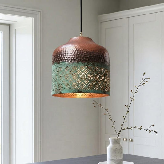 Hammered Brass Pendant Light with Verdigris Patina – Pierced Moroccan Cylinder Kitchen Island Lamp