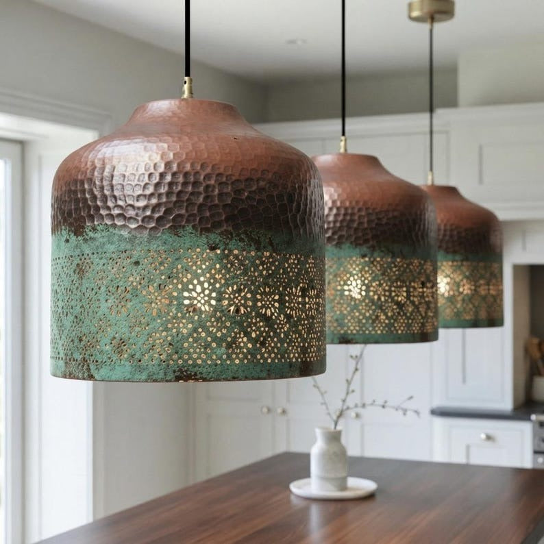Hammered Brass Pendant Light with Verdigris Patina – Pierced Moroccan Cylinder Kitchen Island Lamp