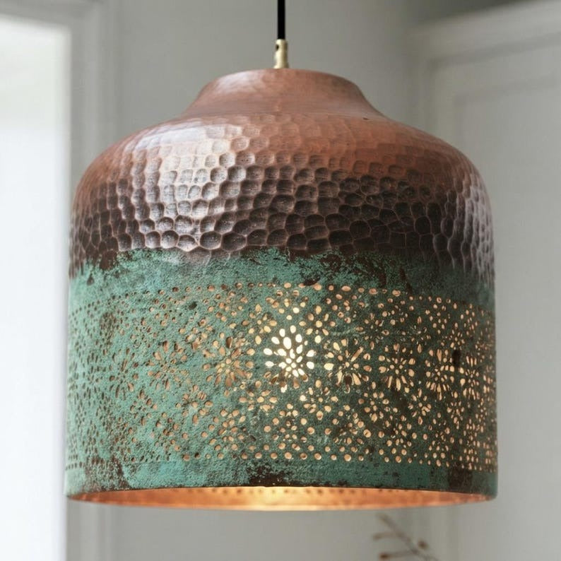 Hammered Brass Pendant Light with Verdigris Patina – Pierced Moroccan Cylinder Kitchen Island Lamp