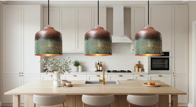 Hammered Brass Pendant Light with Verdigris Patina – Pierced Moroccan Cylinder Kitchen Island Lamp