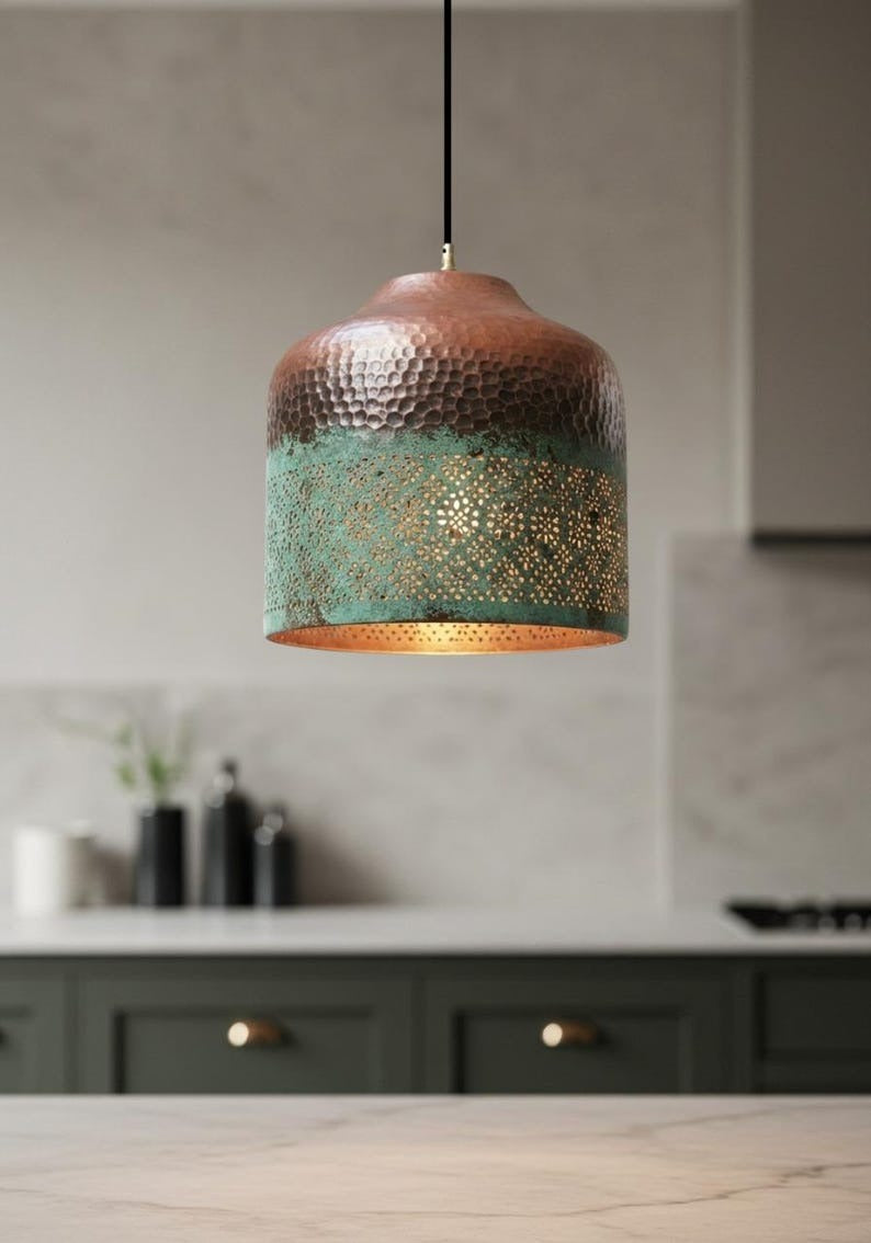 Hammered Brass Pendant Light with Verdigris Patina – Pierced Moroccan Cylinder Kitchen Island Lamp