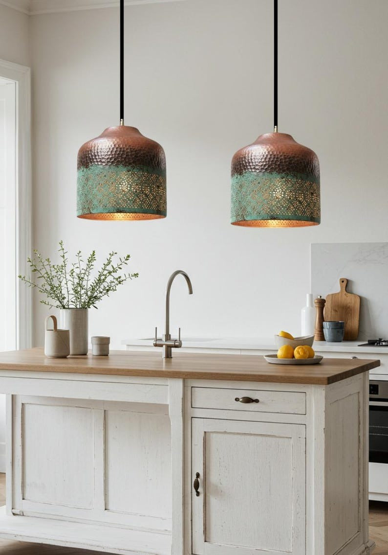 Hammered Brass Pendant Light with Verdigris Patina – Pierced Moroccan Cylinder Kitchen Island Lamp