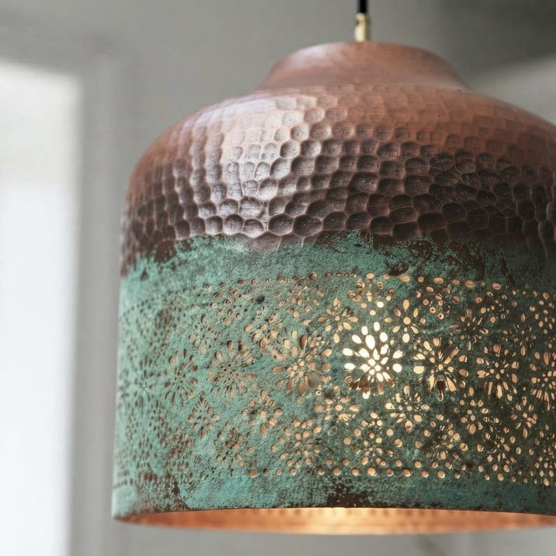 Hammered Brass Pendant Light with Verdigris Patina – Pierced Moroccan Cylinder Kitchen Island Lamp