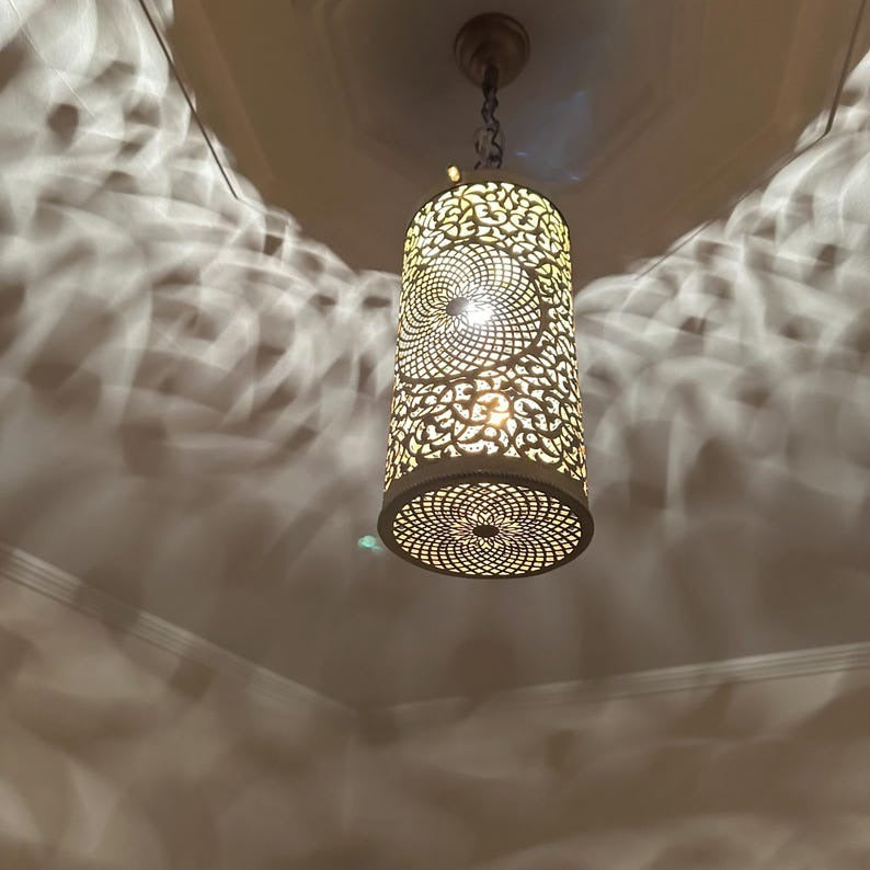 Handmade Moroccan Brass Pendant Light – Pierced Cylinder Lantern with Floral Rosette & Geometric Cutouts, Shadow Casting Moorish Ceiling Light for Entryway, Bedroom & Dining Room