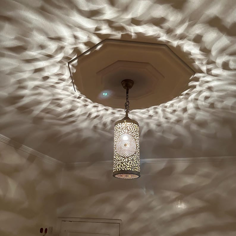 Handmade Moroccan Brass Pendant Light – Pierced Cylinder Lantern with Floral Rosette & Geometric Cutouts, Shadow Casting Moorish Ceiling Light for Entryway, Bedroom & Dining Room