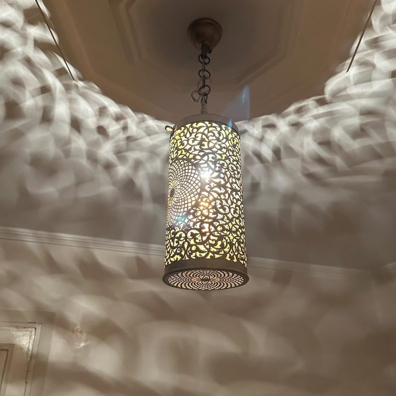 Handmade Moroccan Brass Pendant Light – Pierced Cylinder Lantern with Floral Rosette & Geometric Cutouts, Shadow Casting Moorish Ceiling Light for Entryway, Bedroom & Dining Room