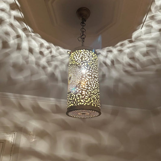 Handmade Moroccan Brass Pendant Light – Pierced Cylinder Lantern with Floral Rosette & Geometric Cutouts, Shadow Casting Moorish Ceiling Light for Entryway, Bedroom & Dining Room