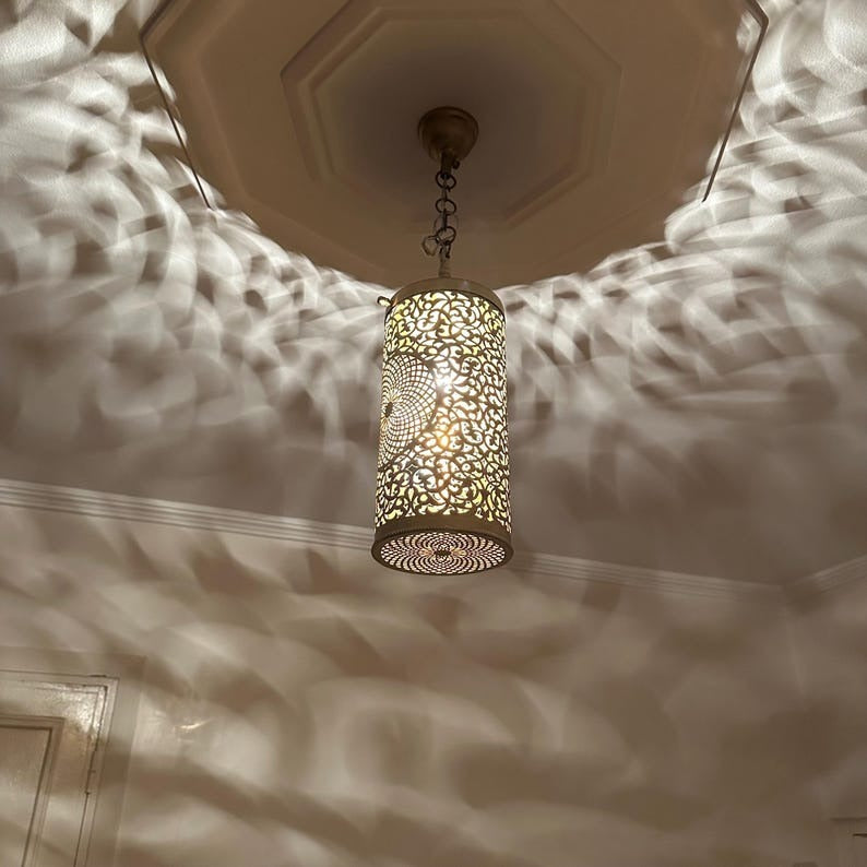 Handmade Moroccan Brass Pendant Light – Pierced Cylinder Lantern with Floral Rosette & Geometric Cutouts, Shadow Casting Moorish Ceiling Light for Entryway, Bedroom & Dining Room