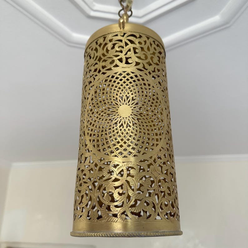 Handmade Moroccan Brass Pendant Light – Pierced Cylinder Lantern with Floral Rosette & Geometric Cutouts, Shadow Casting Moorish Ceiling Light for Entryway, Bedroom & Dining Room