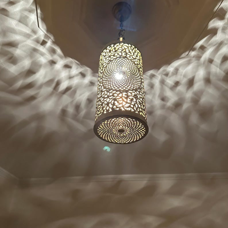 Handmade Moroccan Brass Pendant Light – Pierced Cylinder Lantern with Floral Rosette & Geometric Cutouts, Shadow Casting Moorish Ceiling Light for Entryway, Bedroom & Dining Room