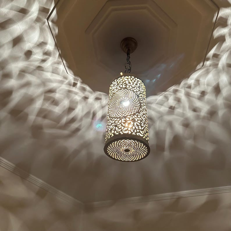 Handmade Moroccan Brass Pendant Light – Pierced Cylinder Lantern with Floral Rosette & Geometric Cutouts, Shadow Casting Moorish Ceiling Light for Entryway, Bedroom & Dining Room