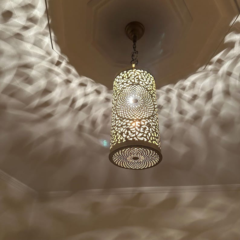Handmade Moroccan Brass Pendant Light – Pierced Cylinder Lantern with Floral Rosette & Geometric Cutouts, Shadow Casting Moorish Ceiling Light for Entryway, Bedroom & Dining Room