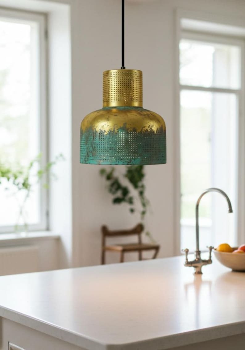 Verdigris Brass Cylinder Pendant Light – Perforated Gold & Green Kitchen Island Chandelier