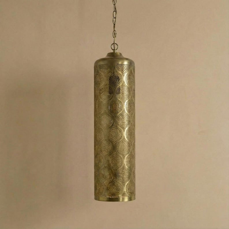 Moroccan Pierced Brass Cylinder Pendant Light – Tall Filigree Lantern Chandelier with Shadow Pattern
