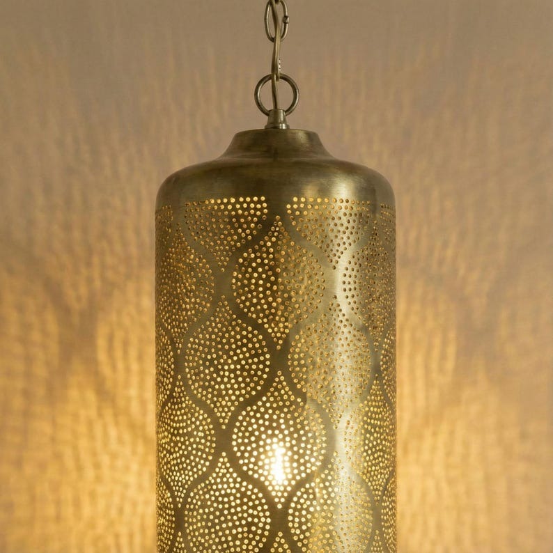 Moroccan Pierced Brass Cylinder Pendant Light – Tall Filigree Lantern Chandelier with Shadow Pattern