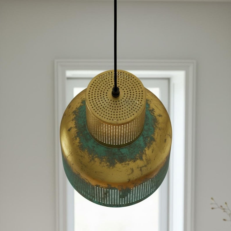 Verdigris Brass Cylinder Pendant Light – Perforated Gold & Green Kitchen Island Chandelier