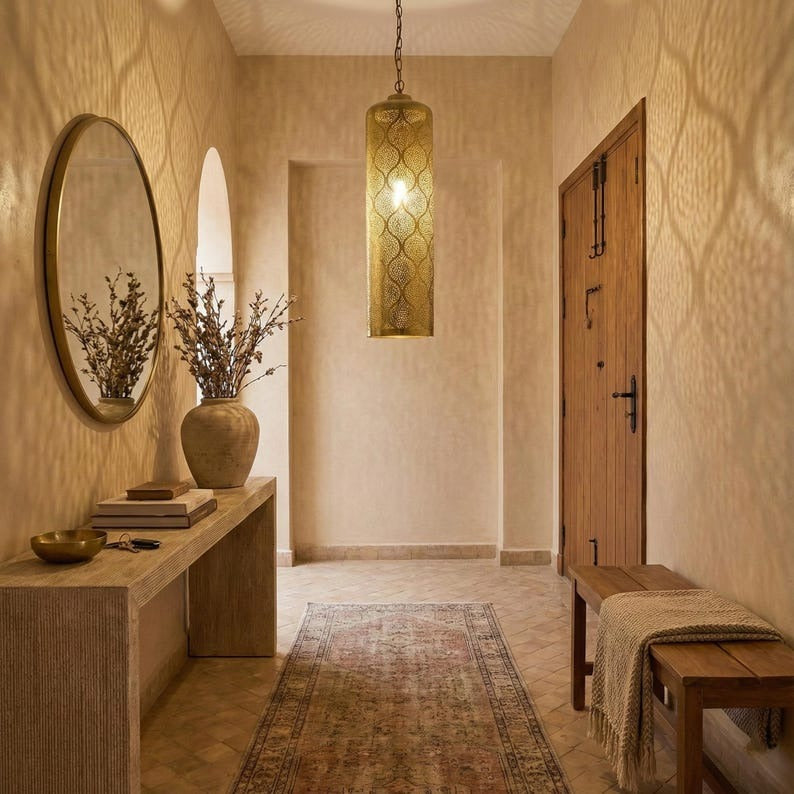Moroccan Pierced Brass Cylinder Pendant Light – Tall Filigree Lantern Chandelier with Shadow Pattern