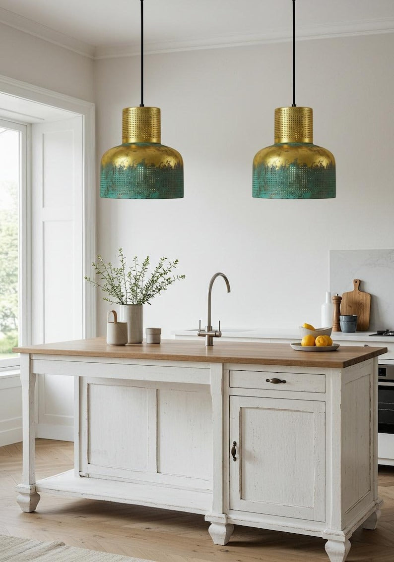 Verdigris Brass Cylinder Pendant Light – Perforated Gold & Green Kitchen Island Chandelier