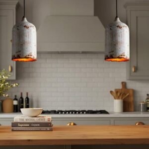 Distressed White Copper Cylinder Pendant Light, Handmade Moroccan Whitewashed Hanging Lamp, Rustic Copper Kitchen Island Chandelier, Boho Farmhouse Ceiling Light Fixture