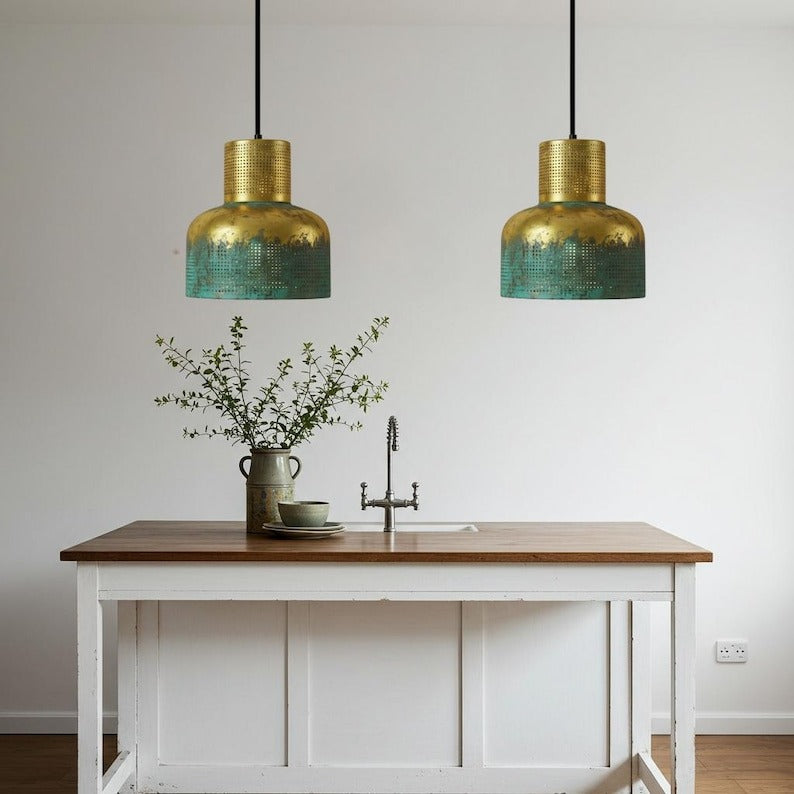 Verdigris Brass Cylinder Pendant Light – Perforated Gold & Green Kitchen Island Chandelier