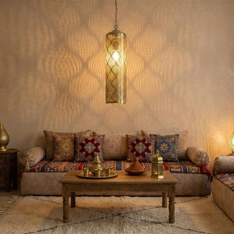 Moroccan Pierced Brass Cylinder Pendant Light – Tall Filigree Lantern Chandelier with Shadow Pattern