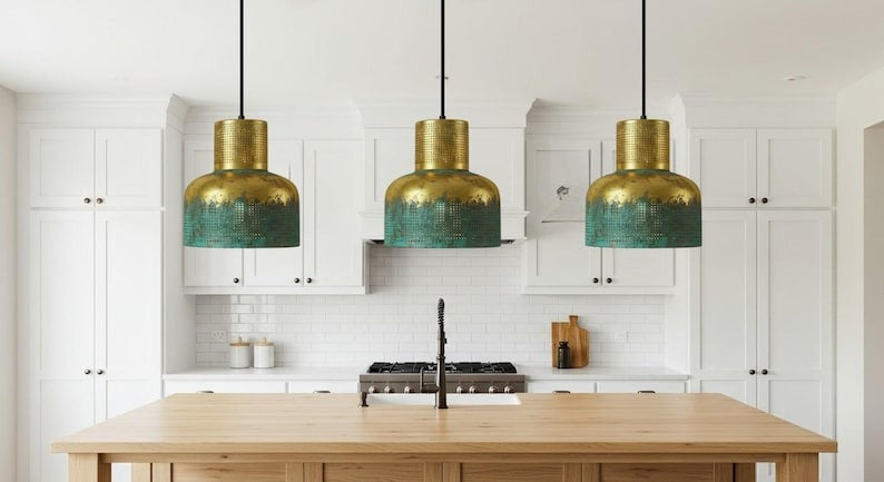 Verdigris Brass Cylinder Pendant Light – Perforated Gold & Green Kitchen Island Chandelier