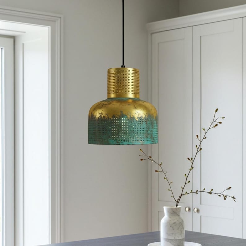 Verdigris Brass Cylinder Pendant Light – Perforated Gold & Green Kitchen Island Chandelier