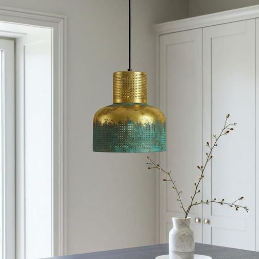 Verdigris Brass Cylinder Pendant Light – Perforated Gold & Green Kitchen Island Chandelier