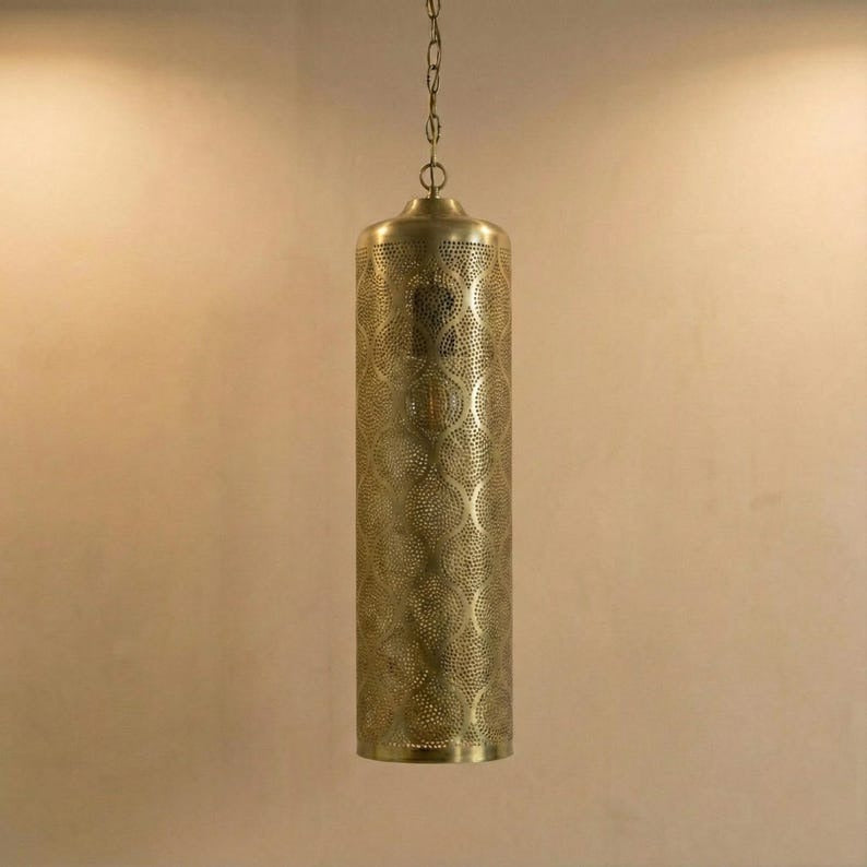 Moroccan Pierced Brass Cylinder Pendant Light – Tall Filigree Lantern Chandelier with Shadow Pattern