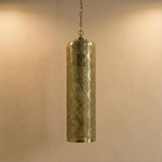 Moroccan Pierced Brass Cylinder Pendant Light – Tall Filigree Lantern Chandelier with Shadow Pattern