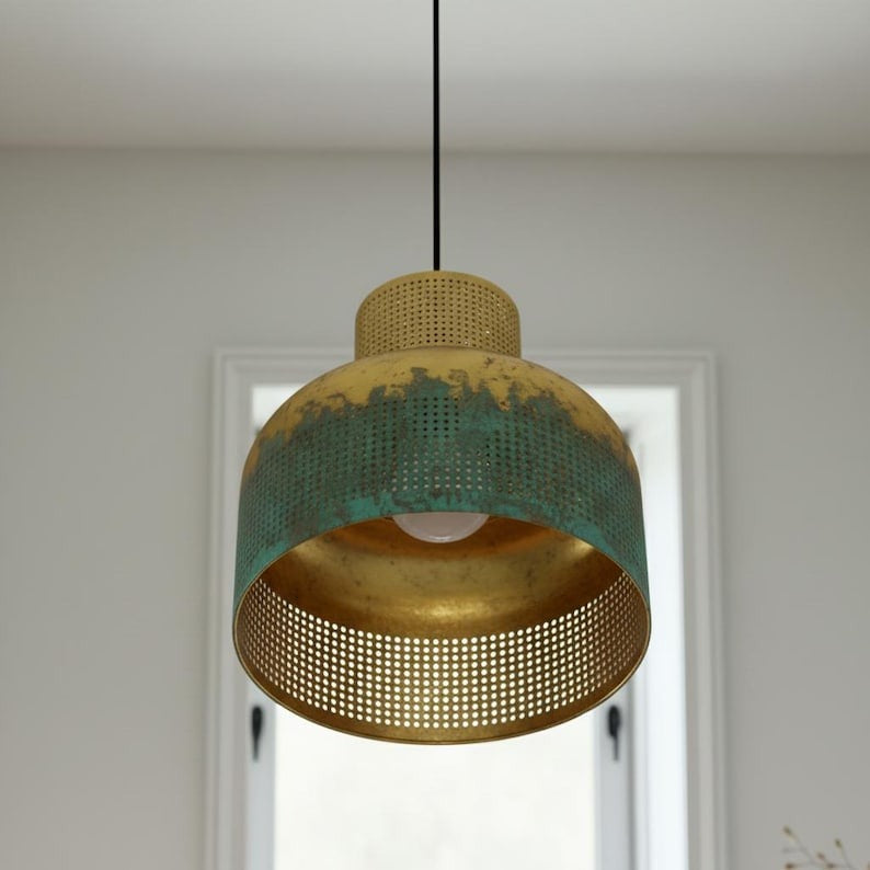 Verdigris Brass Cylinder Pendant Light – Perforated Gold & Green Kitchen Island Chandelier