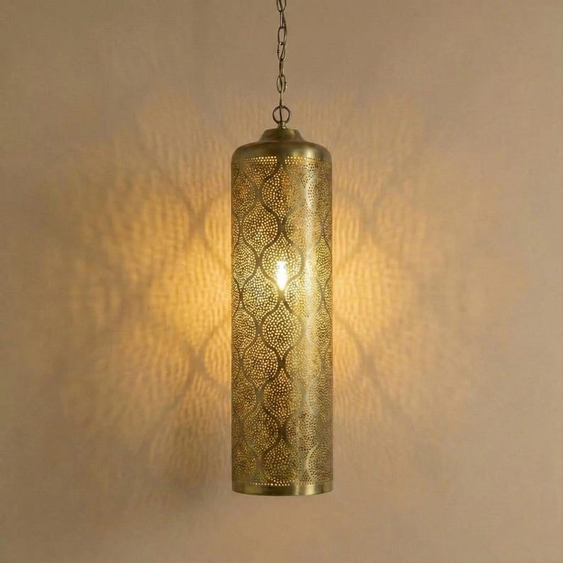 Moroccan Pierced Brass Cylinder Pendant Light – Tall Filigree Lantern Chandelier with Shadow Pattern