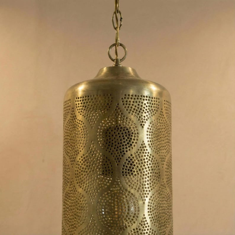 Moroccan Pierced Brass Cylinder Pendant Light – Tall Filigree Lantern Chandelier with Shadow Pattern