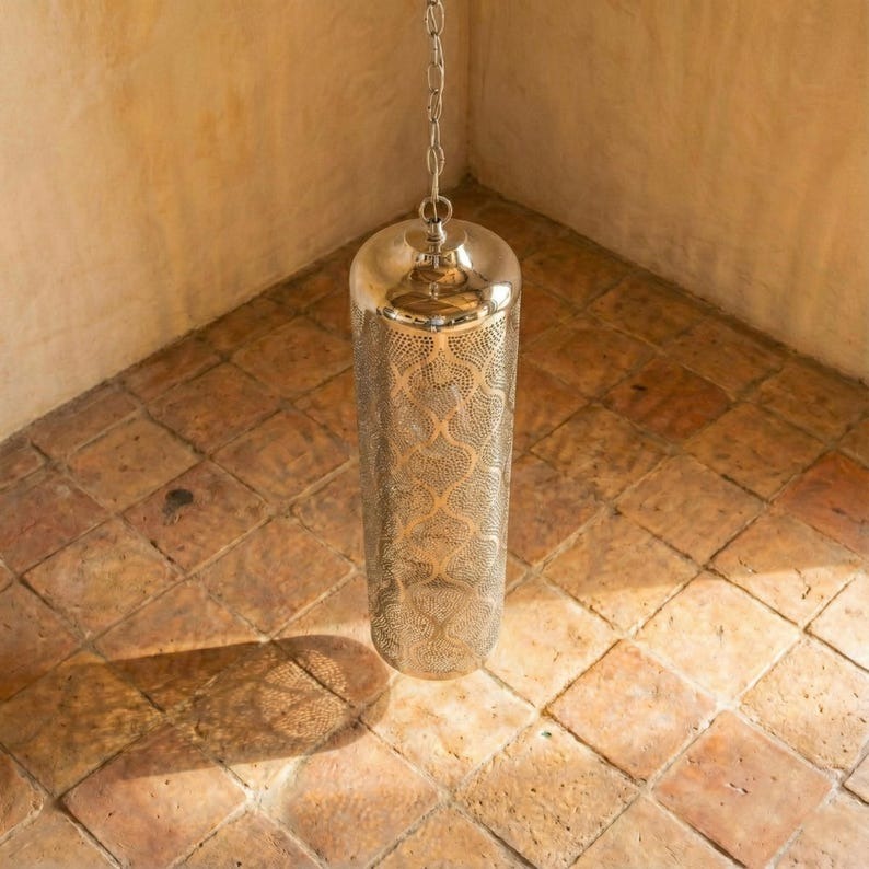 Moroccan Pierced Brass Cylinder Pendant Light – Tall Filigree Lantern Chandelier with Shadow Pattern