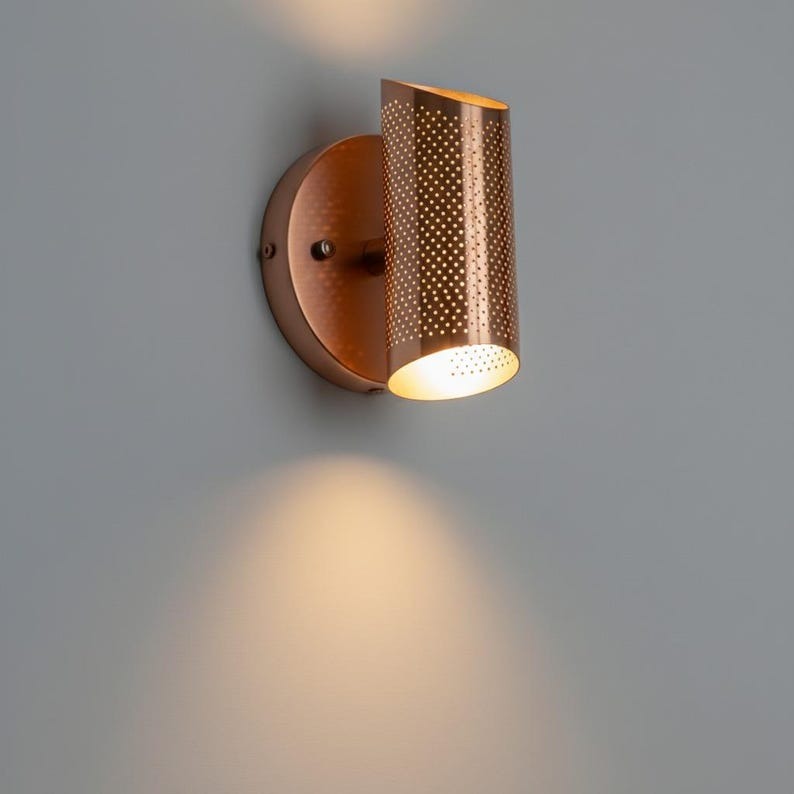 Handmade Moroccan Brass Wall Sconce – Perforated Copper Brass Cylinder Wall Light with Up and Down Glow, Modern Boho Lamp for Bedroom, Hallway, Entryway & Living Room