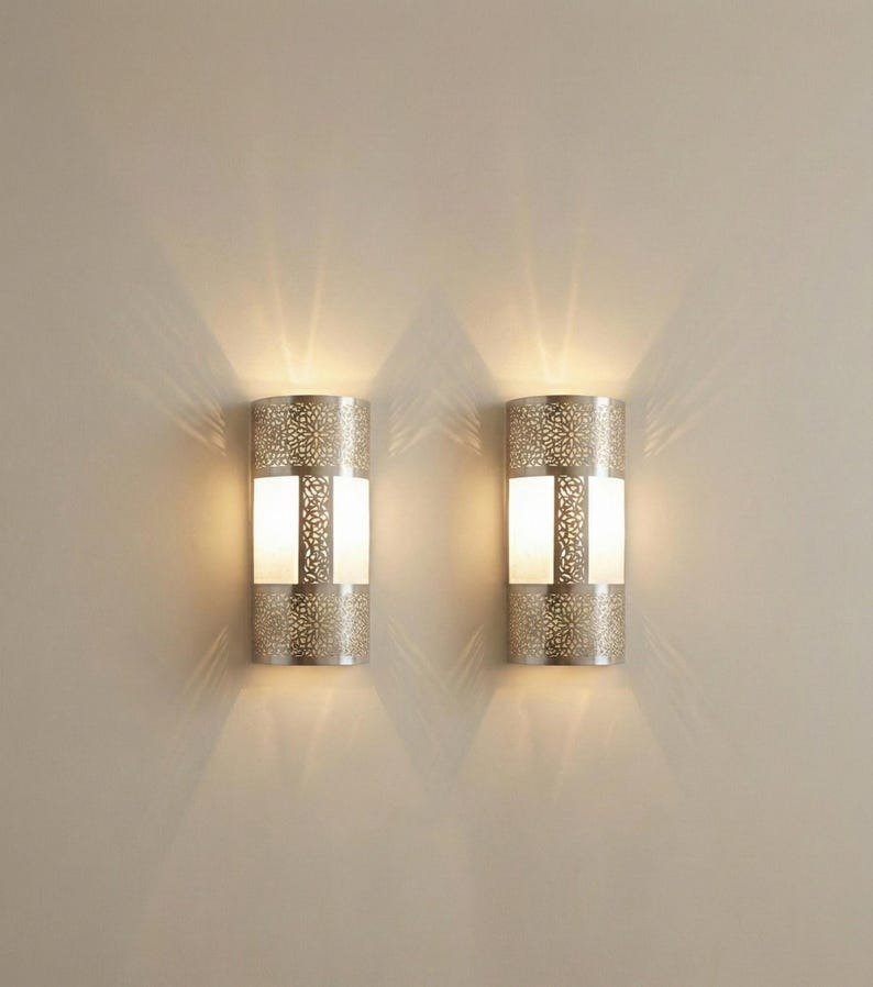 Handmade Moroccan Brass Wall Sconce – Pierced Geometric Cylinder Wall Light with Floral Arabesque Cutouts and Warm Ambient Glow for Bedroom, Hallway, Entryway & Living Room