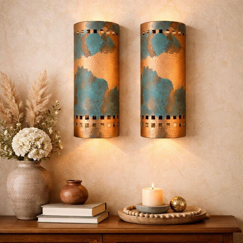 Handmade Moroccan Brass Wall Sconce – Copper & Turquoise Patina Cylinder Wall Light, Pierced Metal Accent Lamp for Living Room, Hallway & Bedroom