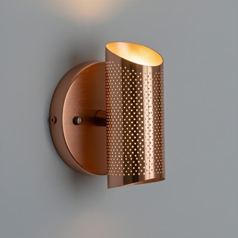Handmade Moroccan Brass Wall Sconce – Perforated Copper Brass Cylinder Wall Light with Up and Down Glow, Modern Boho Lamp for Bedroom, Hallway, Entryway & Living Room