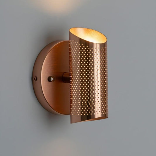 Handmade Moroccan Brass Wall Sconce – Perforated Copper Brass Cylinder Wall Light with Up and Down Glow, Modern Boho Lamp for Bedroom, Hallway, Entryway & Living Room