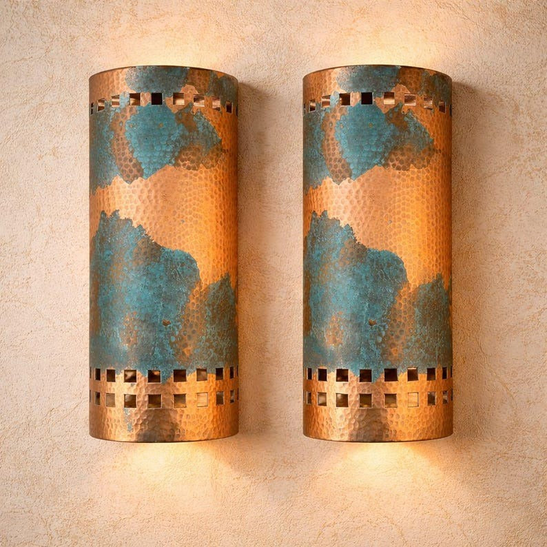 Handmade Moroccan Brass Wall Sconce – Copper & Turquoise Patina Cylinder Wall Light, Pierced Metal Accent Lamp for Living Room, Hallway & Bedroom