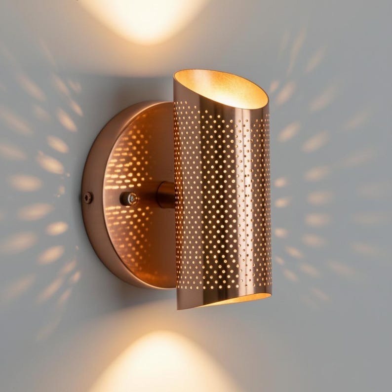 Handmade Moroccan Brass Wall Sconce – Perforated Copper Brass Cylinder Wall Light with Up and Down Glow, Modern Boho Lamp for Bedroom, Hallway, Entryway & Living Room
