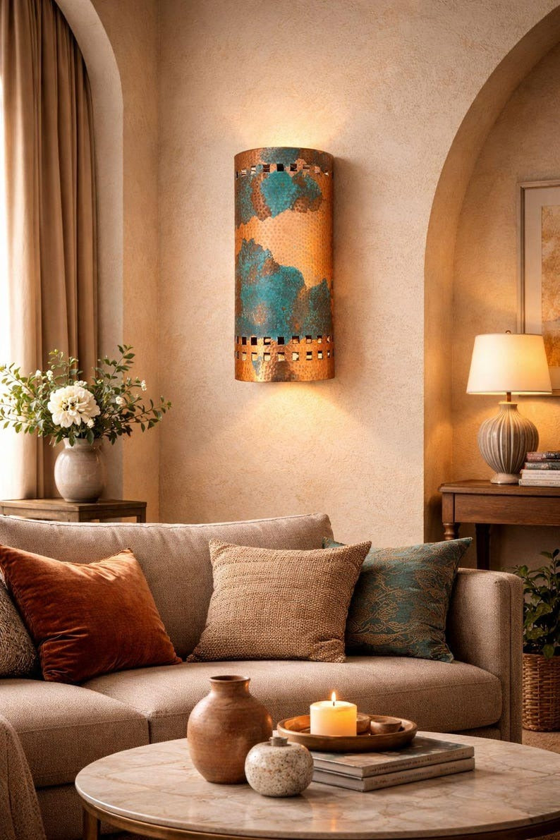 Set of 2 Handmade Moroccan Brass Wall Sconces – Copper & Turquoise Patina Cylinder Wall Lights, Pierced Metal Lamps for Living Room & Bedroom
